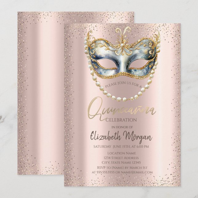 Convites Máscara, Confetes Pérolas Rosa Quinceañera Dourado (Frente/Verso)