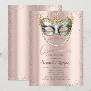 Convites Máscara, Confetes Pérolas Rosa Quinceañera Dourado