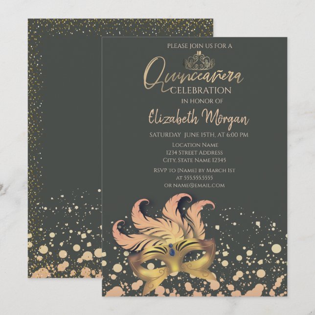 Convites Máscara, Confetes Pontos Máscara de Festa Quinceañ (Frente/Verso)