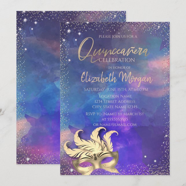 Convites Máscara,Confetes Pontos Splash Quinceañera (Frente/Verso)