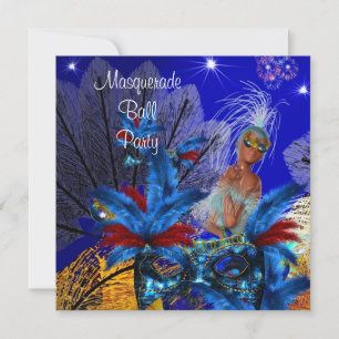 Convites Máscara de Baile de Máscaras Azul Amarelo ShowGirl