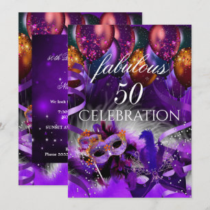 Convites Máscara de Balões Roxos Fabulosos 50 Festa de Masc