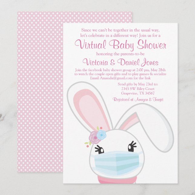 Convites Máscara de Bebê Bunny Girl Chás de Bebê Virtuais (Frente/Verso)