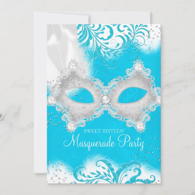 Convites Máscara de brilho Azul Branco Mascarada Sweet 16 (Frente)