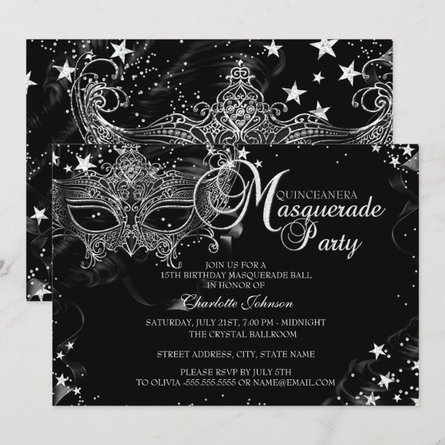 Convites Máscara de Brilho Estrela Noite de Mascarada Quinc (Frente/Verso)