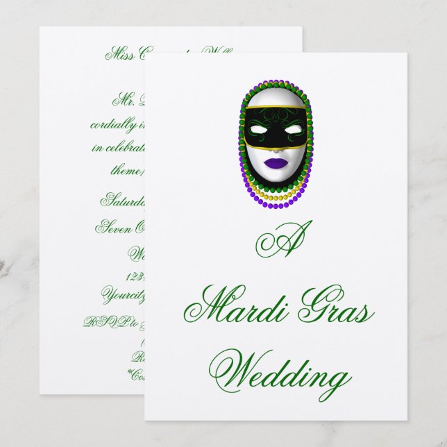 Convites Máscara de "Casamento Mardi Gras" - Preto/Verde/P (Frente/Verso)