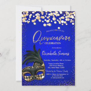 Convites Máscara de Confete Dourado Azul Real Quinceañera