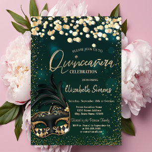 Convites Máscara de Confete Dourado para Quinceañera Verde