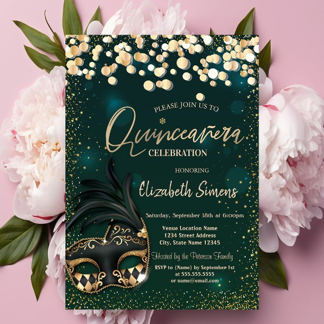 Convites Máscara de Confete Dourado para Quinceañera Verde (Criador carregado)