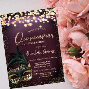 Convites Máscara de Confete Dourado Quinceañera Burgundy