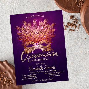 Convites Máscara de Confete Dourado Quinceañera Roxa