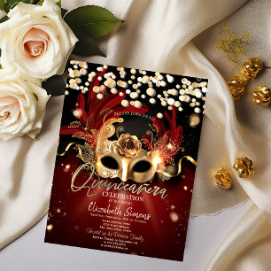 Convites Máscara de Confete Dourado Vermelho Quinceañera