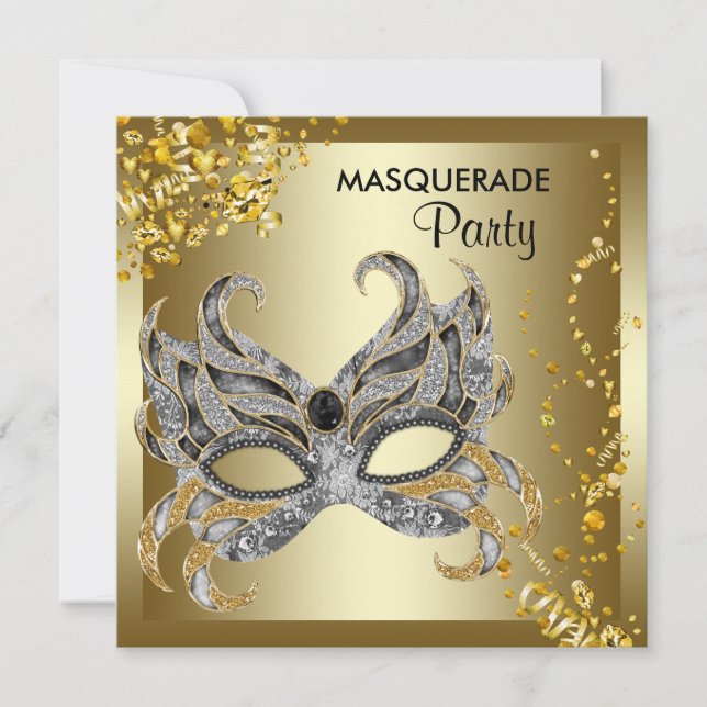 Convites Máscara de Confete Prata Dourado Festa de Mascarad (Frente)