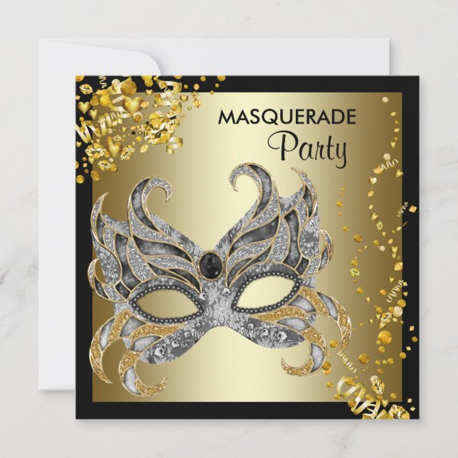 Convites Máscara de Confete Preto Dourado Festa de Mascarad (Frente)