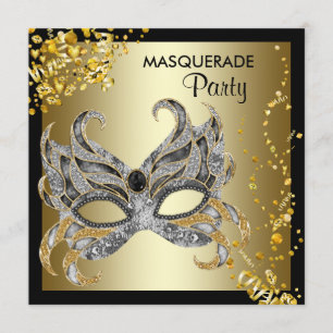 Convites Máscara de Confete Preto Dourado Festa de Mascarad