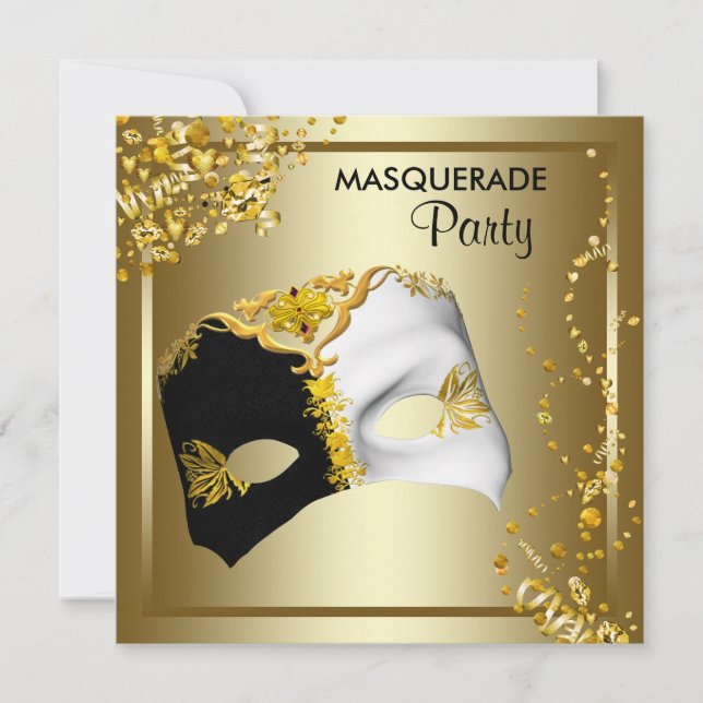 Convites Máscara de Confete Preto Dourado Festa de Mascarad (Frente)