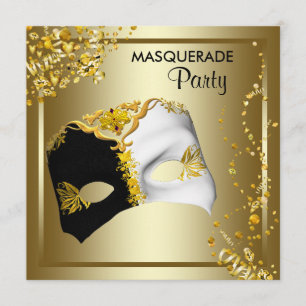Convites Máscara de Confete Preto Dourado Festa de Mascarad