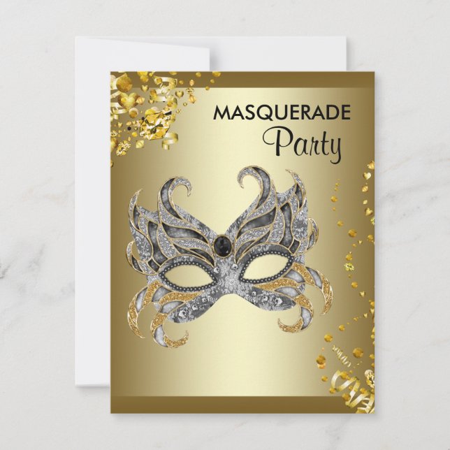 Convites Máscara de Confetes Prata e Dourada Festa de Masca (Frente)