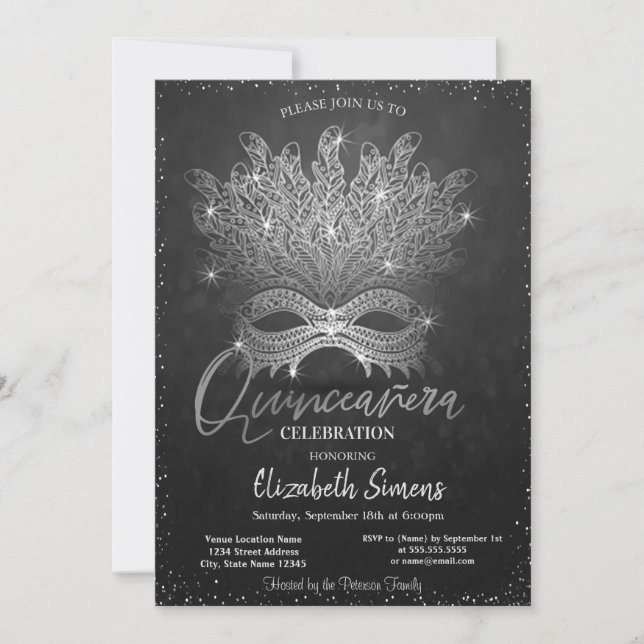 Convites Máscara de Confetes Prateados Dark Quinceañera  (Frente)