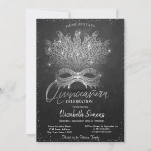 Convites Máscara de Confetes Prateados Dark Quinceañera