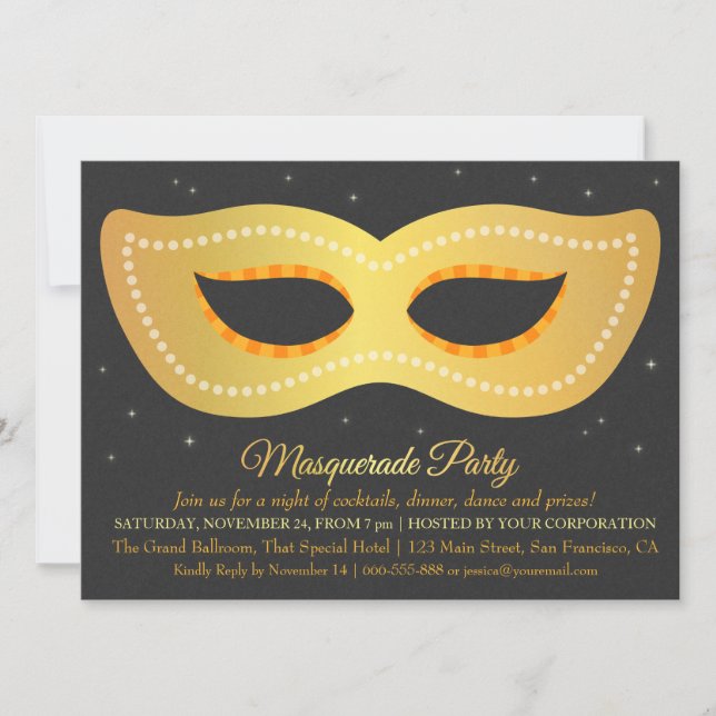 Convites Máscara de Design Glam Faux Dourado Festa de Masca (Frente)