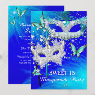Convites Máscara de Diamante Azul Turquesa Sweet 16