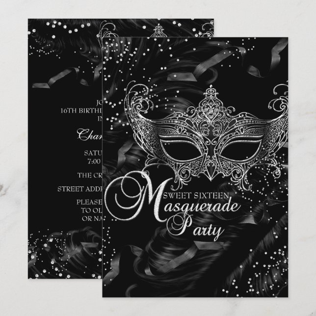 Convites Máscara de Diamante Preto Prata Mascarada Sweet 16 (Frente/Verso)