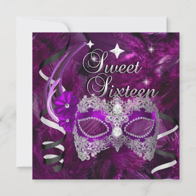 Convites Máscara de Diamante Roxo de Sweet Sixteen 16 Anive (Frente)