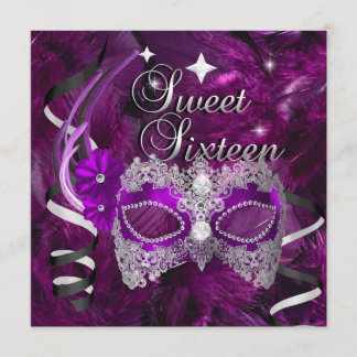 Convites Máscara de Diamante Roxo de Sweet Sixteen 16 Anive