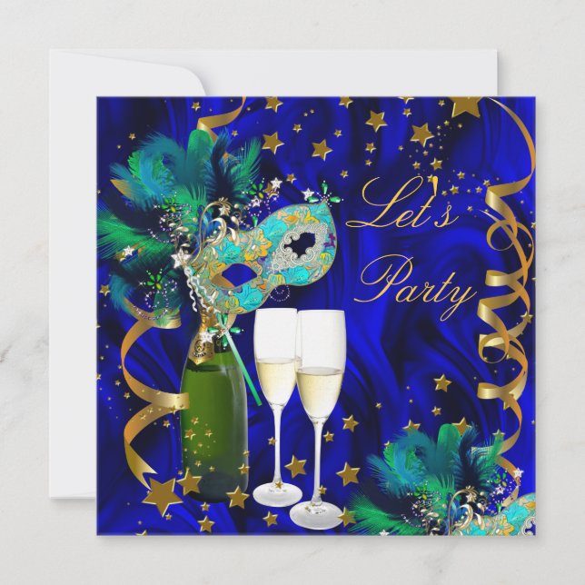 Convites Máscara de Festa Champanhe Azul Dourado Mascarada (Frente)