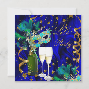 Convites Máscara de Festa Champanhe Azul Dourado Mascarada