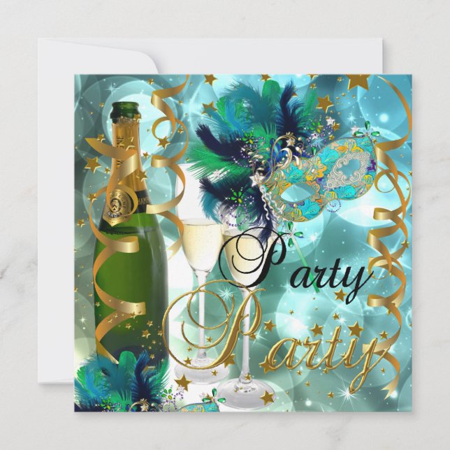 Convites Máscara de Festa Champanhe Azul Dourado Mascarada (Frente)