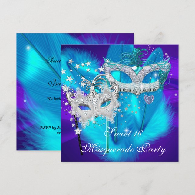 Convites Máscara de Festa de 16 Anos Doce Roxo Azul Teal (Frente/Verso)
