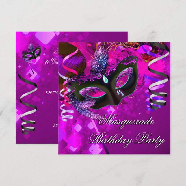 Convites Máscara de Festa de Aniversário de Mascarada Roxo  (Frente/Verso)