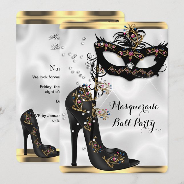 Convites Máscara de festa de baile de máscaras dourado pret (Frente/Verso)