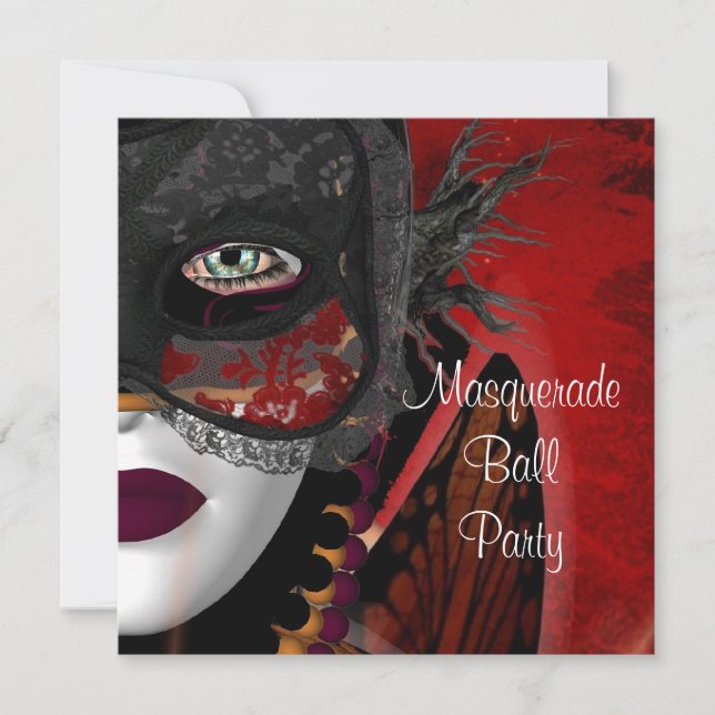 Convites Máscara de Festa de Baile de Máscaras Preta Vermel (Frente)