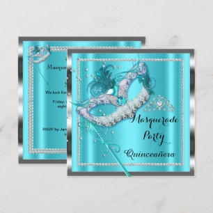 Convites Máscara de Festa Quinceanera Azul Turquesa Mascara