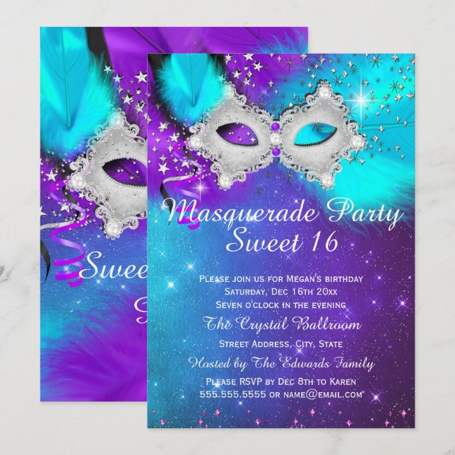 Convites Máscara de Festa Sweet 16 Azul Turquesa Roxo Prata (Frente/Verso)