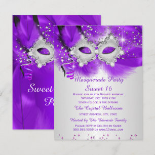 Convites Máscara de Festa Sweet 16 Roxo Prata Mascarada
