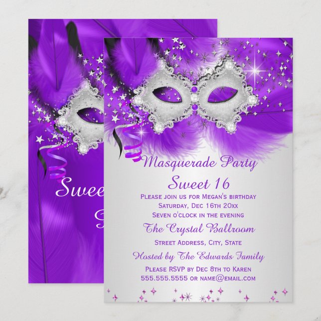 Convites Máscara de Festa Sweet 16 Roxo Prata Mascarada (Frente/Verso)