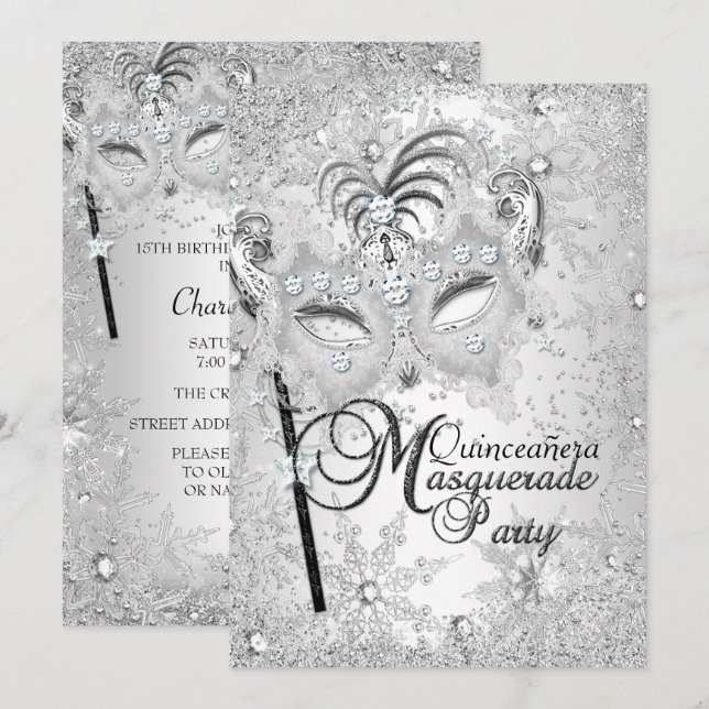 Convites Máscara de Floco de Neve de Prata Quinceanera de M (Frente/Verso)