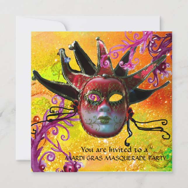 Convites MÁSCARA DE JESTER PRETO E VERMELHO, Mascarada (Frente)