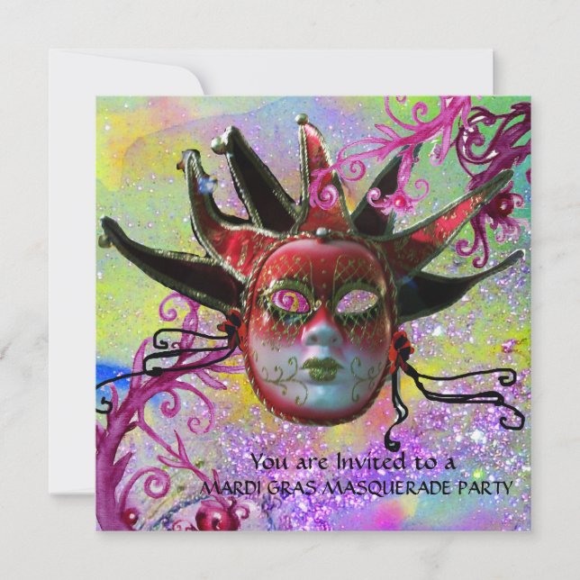 Convites MÁSCARA DE JESTER PRETO E VERMELHO, Mascarada (Frente)