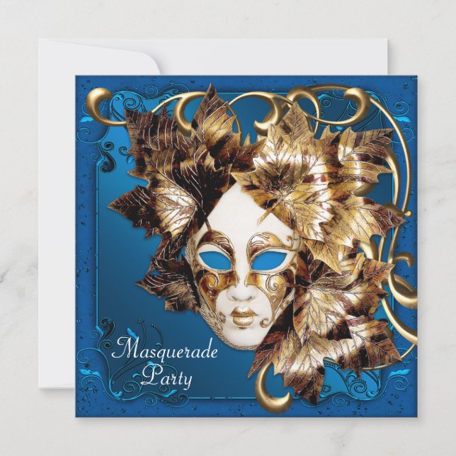 Convites Máscara de Mardi Gras Azul Dourado Festa de Mascar (Frente)