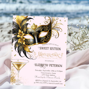 Convites Máscara de Mardi Gras Diamantes Champanhe Sweet 16