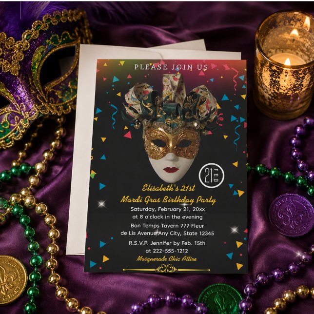 Convites Máscara de Mardi Gras - Festa de 21 Anos (Mardi Gras Mask 21st Birthday Party Invitation)