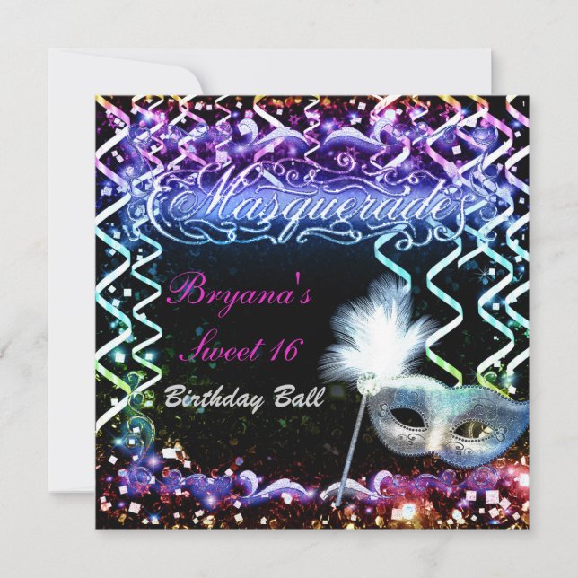 Convites Máscara de Mascarada Brilho Arco-Íris Festa de Ani (Frente)