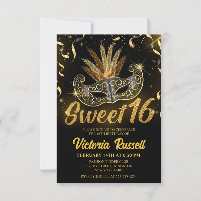 Convites Máscara de Mascarada Brilho Preto e Dourado Sweet  (Frente)