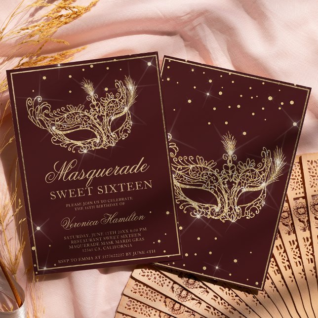 Convites Máscara de mascarada burgundy dourado doce 16 (Criador carregado)