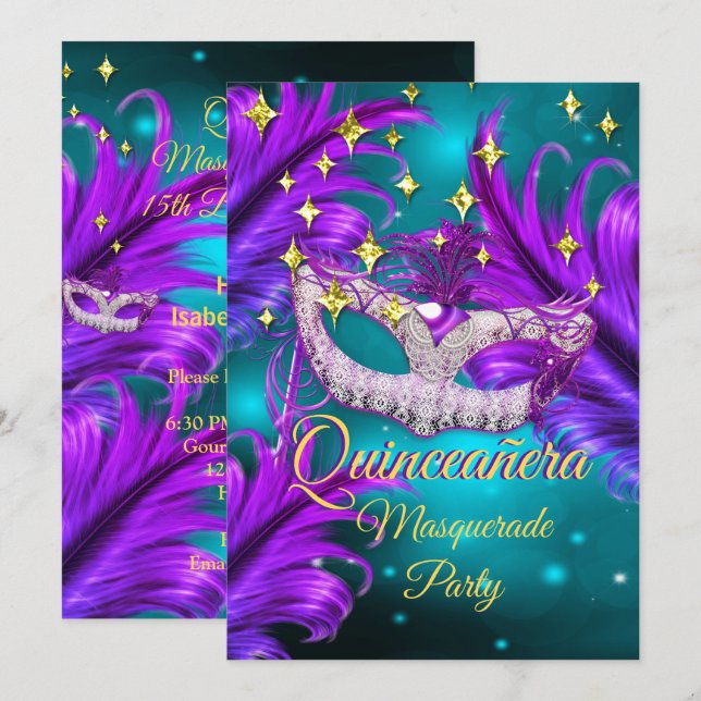 Convites Máscara de Mascarada de Quinceanera Ouro roxo (Frente/Verso)
